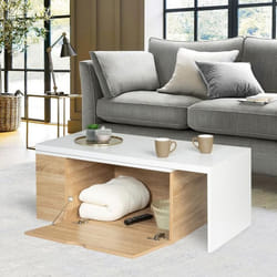 IDMARKET Table basse rotative bois et blanc 360° LIZZI extensible avec coffre