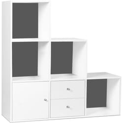 Idmarket - Meuble de rangement en escalier liam 3 niveaux bois blanc fond gris avec porte et tiroirs