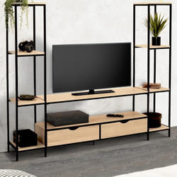 ID MARKET ensemble meuble tv DETROIT 2 portes et 2 tiroirs 164 cm bois clair avec étagères murales