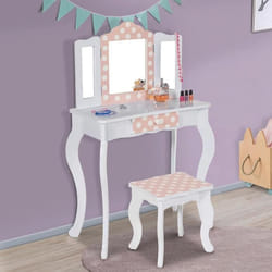 IDMARKET Coiffeuse enfant ROZA blanche et rose avec 3 miroirs et tabouret