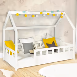 IDMARKET Lit cabane enfant 80 x 160 CM NEREE blanc avec sommier et barrières