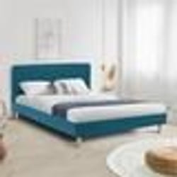 IDMARKET Lit double scandinave BALTA avec tête de lit et sommier 160 x 200 cm tissu bleu canard