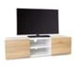 IDMARKET Meuble TV 113 cm ELI blanc portes façon hêtre