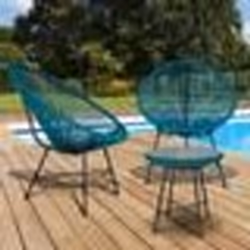 IDMARKET Salon de jardin IZMIR table et 2 fauteuils oeuf cordage bleu canard