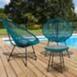 IDMARKET Salon de jardin IZMIR table et 2 fauteuils oeuf cordage bleu canard