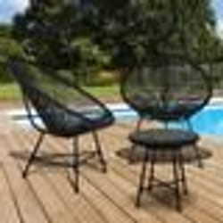 IDMARKET Salon de jardin IZMIR table et 2 fauteuils oeuf cordage noir