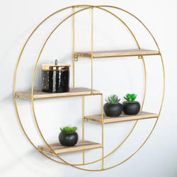 IDMARKET Etagère murale ronde LILY 4 niveaux bois et métal doré design industriel