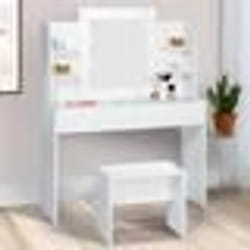 IDMARKET Coiffeuse ZELIA blanche table de maquillage 4 étagères miroir LED et tabouret