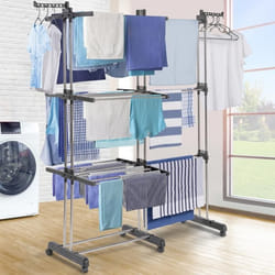 IDMARKET Séchoir à linge vertical pliable et extensible 3 niveaux GIGA capacité 27M avec cintres et pinces inox et gris