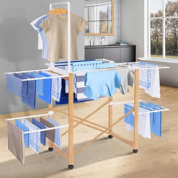 IDMARKET Séchoir à linge pliable DELUXE capacité 22M avec tringle blanc et effet bois