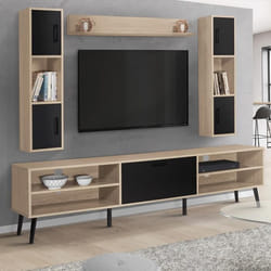 ID MARKET ensemble meuble tv HOUSTON 5 portes et 1 tiroir 180 cm bois clair avec étagères murales