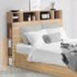IDMARKET Tête de lit sur pied CLEO 145 cm avec rangements fermés et niches façon hêtre et noir
