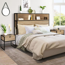 IDMARKET Tête de lit sur pied DETROIT 165 cm avec 2 tables de chevet bois et métal noir design industriel