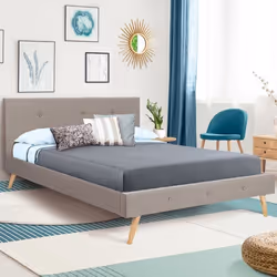 IDMARKET Lit double scandinave OSLO avec tête de lit et sommier 140 x 190 cm tissu beige effet lin