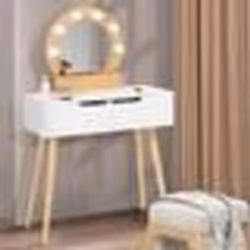 IDMARKET Coiffeuse scandinave 2 tiroirs HORIA bois et blanc avec miroir LED