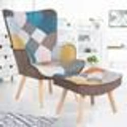 IDMARKET Fauteuil scandinave IVAR avec repose pieds en tissu patchwork multicouleurs