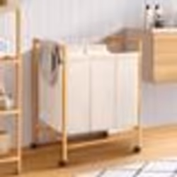 IDMARKET Panier à linge 3 compartiments en bambou RITA tissu écru avec roulettes