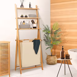 IDMARKET Panier à linge 2 bacs bambou LANA avec étagères tissu écru