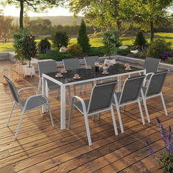 ID MARKET Ensemble table 190 cm fixe et 8 chaises chaises MADRID blanc et gris empilable