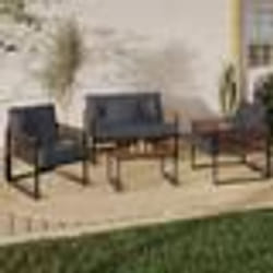 IDMARKET Salon de jardin bas RIO 4 places structure métal gris anthracite cordage rotin et coussins gris