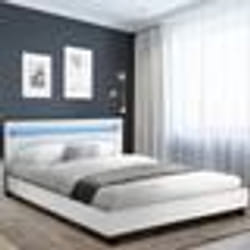 IDMARKET Lit double NEO avec tête de lit LED intégrées et sommier 140 x 190 cm PVC blanc