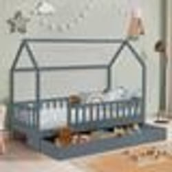 IDMARKET Lit cabane enfant 80 x 160 CM NEREE gris avec 1 tiroir gigogne et de rangement