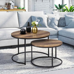 IDMARKET Lot de 2 tables basses gigognes HAWKINS rondes 54/70 bois foncé design industriel
