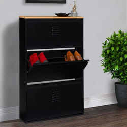 IDMARKET Meuble à chaussures 9 paires ESTER 3 portes métal noir et plateau façon hêtre design industriel