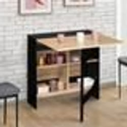 IDMARKET Table console pliable EDI 2-6 personnes avec rangements bois noir plateau façon hêtre 150 x 80 cm