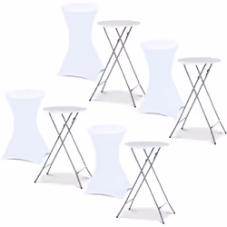 Description générale Ce lot de 4 tables hautes pliantes façon mange-debout, accompagné de 4 housses blanches, est idéal pour  ...