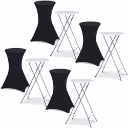 Description générale Ce lot de 4 tables hautes pliantes de bar façon mange-debout, accompagné de 4 housses noires, est idéal  ...