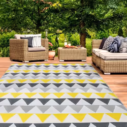 IDMARKET Tapis extérieur SARI triangles gris et jaune 270 x 370 CM