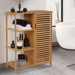 IDMARKET Meuble de rangement salle de bain bambou BEA 3 étagères avec placard