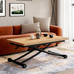 IDMARKET Table basse extensible relevable en table à manger rectangulaire URBANA plateau façon hêtre pied noir design industriel