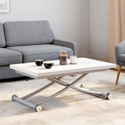 Table basse 2 en 1 relevable en table à manger rectangulaire URBANA 100 cm blanc pied chrome