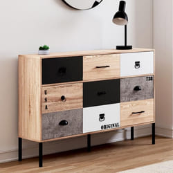 ID MARKET buffet  3 portes et 3 tiroirs 110 cm Moderne bois noir gris et blanc
