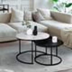 IDMARKET Lot de 2 tables basses gigognes ALASKA rondes 54/70 effet marbre et noir pieds métal
