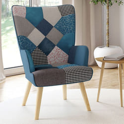 IDMARKET Fauteuil scandinave IVAR en tissu patchwork et velours bleu