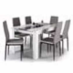 IDMARKET Ensemble table à manger GEORGIA 140 cm blanche et grise et 6 chaises ROMANE grises liseré blanc