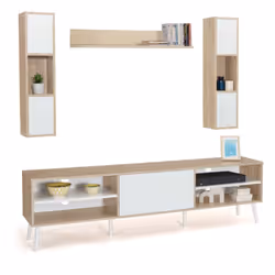 Description générale Habillez votre salon avec classe grâce à notre ensemble meuble TV bois et blanc HOUSTON, un meuble au de ...