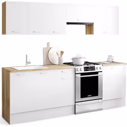 Description générale La cuisine SUBTIL de 240 cm, alliant bois et blanc, est l'option idéale pour créer une pièce lumineuse e ...