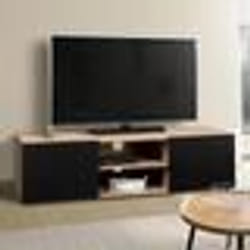 IDMARKET Meuble TV 113 cm ELI bois façon hêtre portes noires