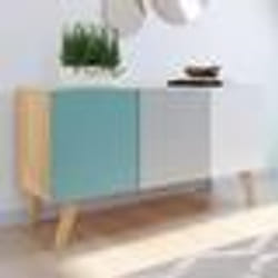 IDMARKET Buffet bas scandinave 113 cm ALICE 3 portes bleu gris et blanc