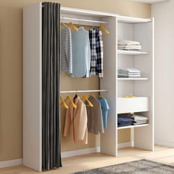IDMARKET Dressing extensible MARTY 120/170 x 50 x 180 cm blanc avec étagères + double penderie + rideau gris