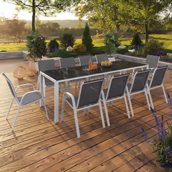 IDMARKET Salon de jardin MADRID table 240 CM et 10 chaises empilables blanc et gris
