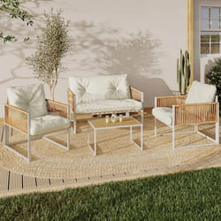 IDMARKET Salon de jardin bas RIO 4 places structure métal blanc cordage effet rotin clair et coussins beiges