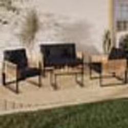 IDMARKET Salon de jardin bas RIO 4 places structure métal noir cordage effet rotin clair et coussins noir