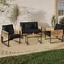 IDMARKET Salon de jardin bas RIO 4 places structure métal noir cordage effet rotin clair et coussins noir
