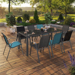 IDMARKET Salon de jardin MADRID table 190 cm et 8 chaises empilables mix color bleu gris et noir
