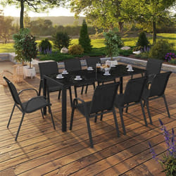 IDMARKET Salon de jardin MADRID table 190 CM et 8 chaises empilables noires